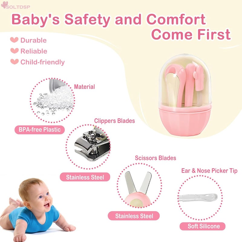 Soltdsp Store طقم أظافر الأطفال 5 في 1 مع حقيبة تخزين، تصميم على شكل صبار يتضمن مقصات أظافر للأطفال، مقص، مبرد أظافر، ملاقط وأداة تنظيف الأنف، أساسيات حديثي الولادة ضرورية لحفلة استقبال المولود (وردي) - Image 3